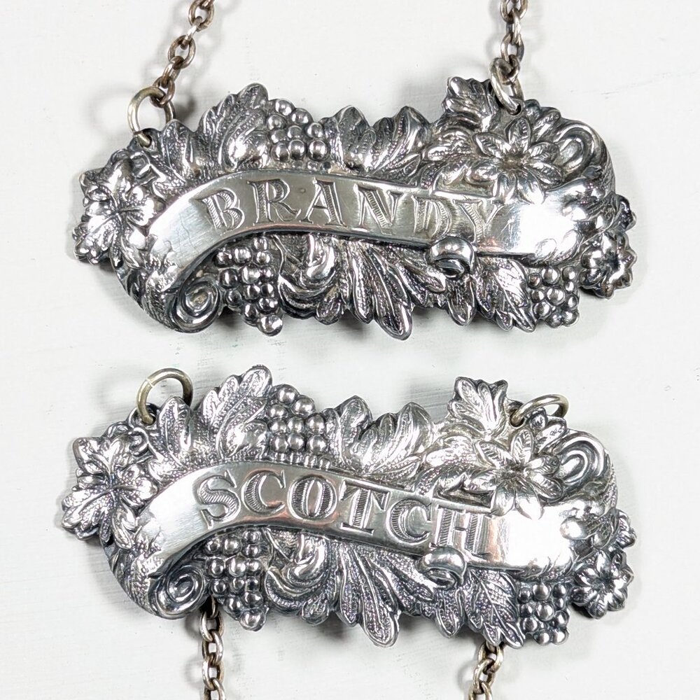 Vintage Scotch + Brandy Decanter labels: Liquor Bottle tags England Silverplated